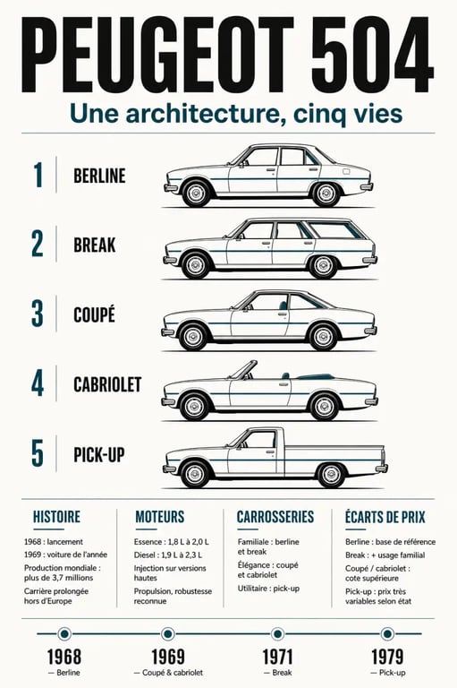 Peugeot 504 : infographie éditoriale des versions, moteurs et prix