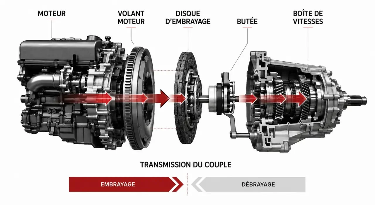 Kit embrayage volant moteur : schéma simplifié de la transmission moteur vers la boîte de vitesses