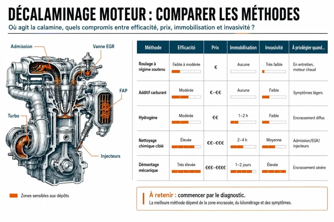 Infographie sur le décalaminage moteur avec comparaison des méthodes et des pièces encrassées