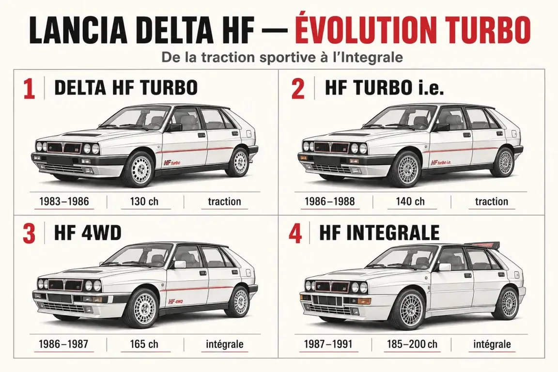Lancia Delta HF Turbo en comparaison visuelle avec HF Turbo ie, HF 4WD et HF Integrale